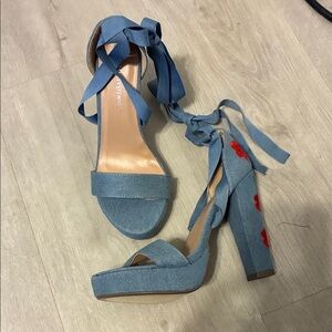 Ashley Stewart Blue Denim Heels with Ribbon Tie